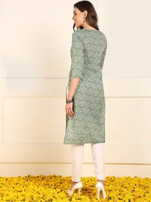 women green cotton ethnic motifs printed straight kurta 4