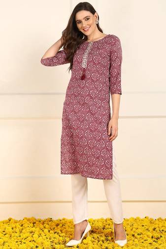women burgundy cotton ethnic motifs printed straight kurta