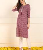 women burgundy cotton ethnic motifs printed straight kurta