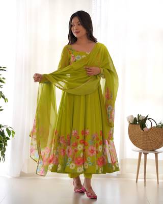 Floral Printed Organza Anarkali Kurta With Cotton Silk Pant And Dupatta. 1