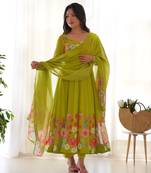 Floral Printed Organza Anarkali Kurta With Cotton Silk Pant And Dupatta.