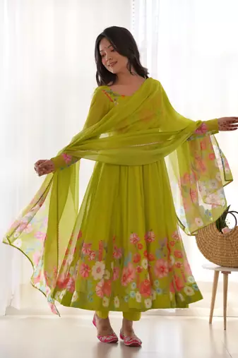 Floral Printed Organza Anarkali Kurta With Cotton Silk Pant And Dupatta.