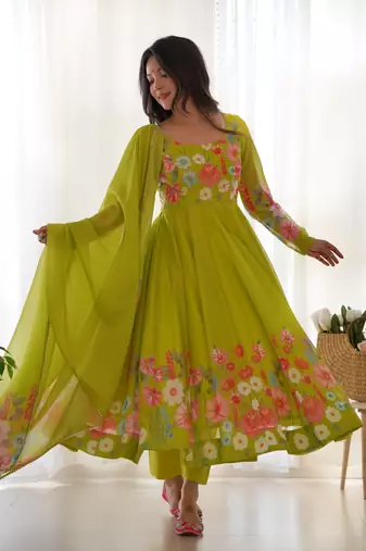 Floral Printed Organza Anarkali Kurta With Cotton Silk Pant And Dupatta.