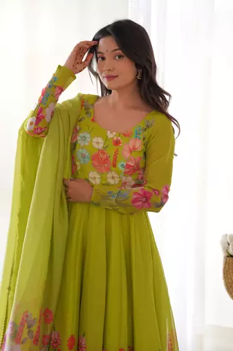 Floral Printed Organza Anarkali Kurta With Cotton Silk Pant And Dupatta.