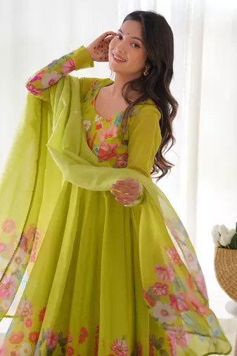 Floral Printed Organza Anarkali Kurta With Cotton Silk Pant And Dupatta.