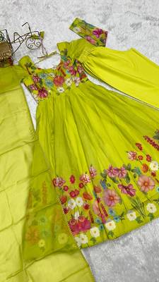 Floral Printed Organza Anarkali Kurta With Cotton Silk Pant And Dupatta. 9