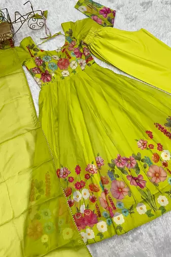 Floral Printed Organza Anarkali Kurta With Cotton Silk Pant And Dupatta.