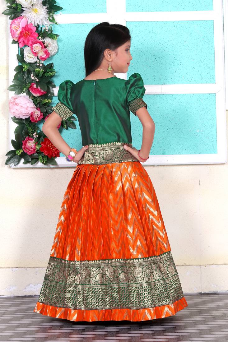 New south Indian traditional Pattu Pavadai Jacquard Green and Orange Lehenga choli for girls dress