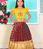 Kids New south Indian traditional Pattu Pavadai Jacquard yellow and Maroon Lehenga choli for girls dress