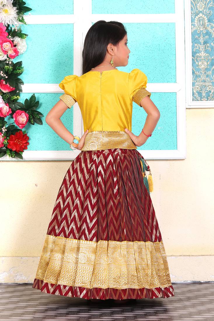 Kids New south Indian traditional Pattu Pavadai Jacquard yellow and Maroon Lehenga choli for girls dress