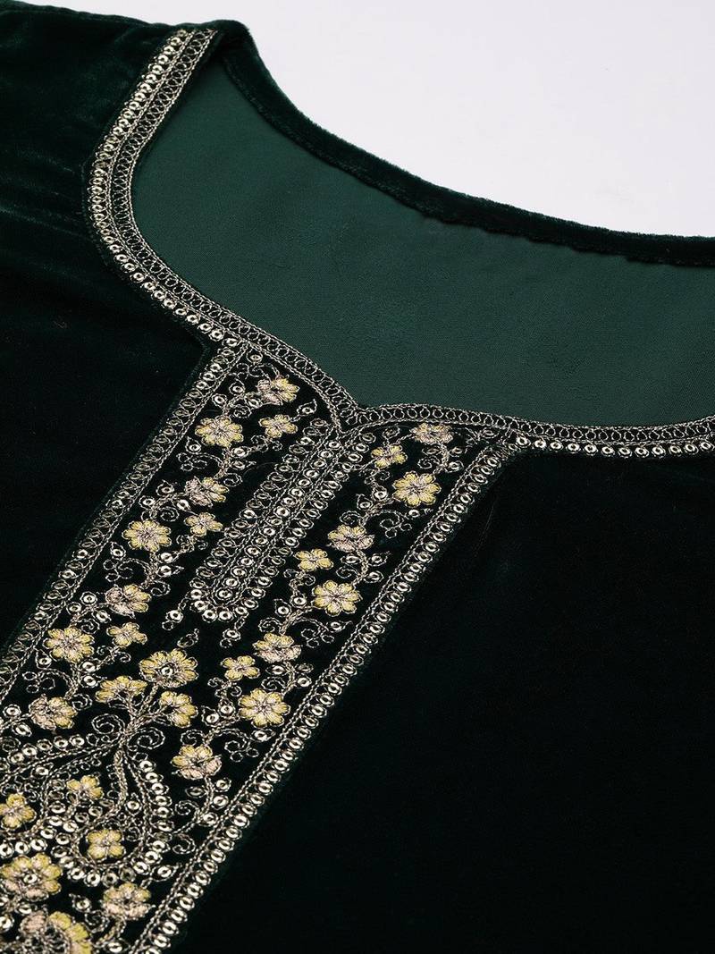 Green Velvet Salwar Suit with Embroidery Dupatta 3 pieces Kurta set for Women