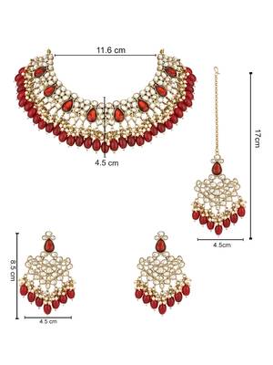 traditional kundan pearl hanging choker necklace jewellery set with earrings & maang tikka 6