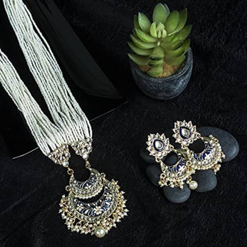 Blue beaded_jewellery Yellow Gold Alloy   Necklace   with Pair of Earring