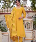 Embroidered solid Chanderi fabric Kurta Pant and Printed Dupatta set