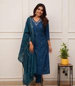 Teal blue colour ethnic looks embroidered girlish salwar kameez