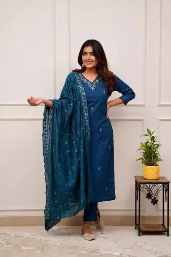 Teal blue colour ethnic looks embroidered girlish salwar kameez