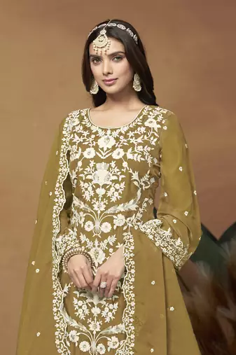 Beautiful green colour pakistani style suit on organza fabric for trendy party looks