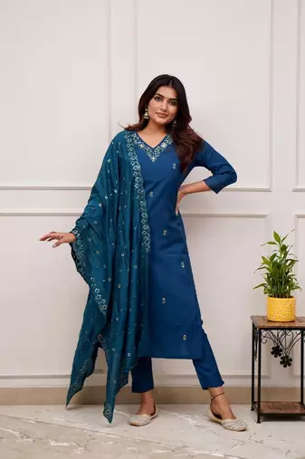 Teal blue colour ethnic looks embroidered girlish salwar kameez