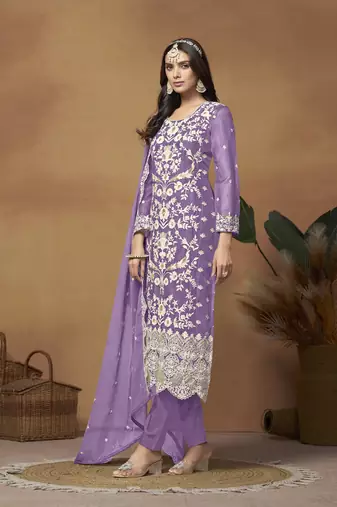 Beautiful lavender colour pakistani style suit on organza fabric for trendy party looks