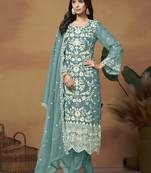 Beautiful blue colour pakistani style suit on organza fabric for trendy party looks