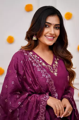 Wine colour ethnic looks embroidered girlish salwar kameez