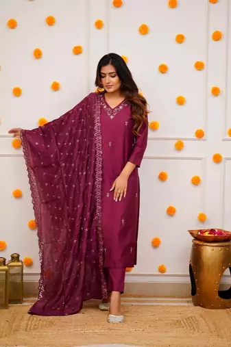 Wine colour ethnic looks embroidered girlish salwar kameez