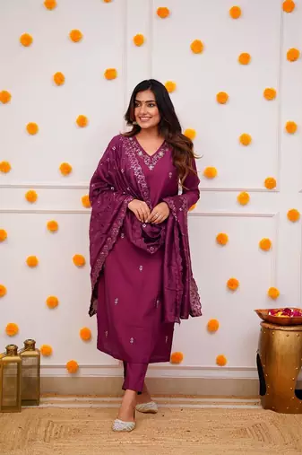 Wine colour ethnic looks embroidered girlish salwar kameez