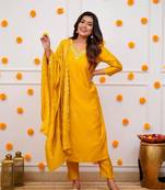 Mustard colour ethnic looks embroidered girlish salwar kameez
