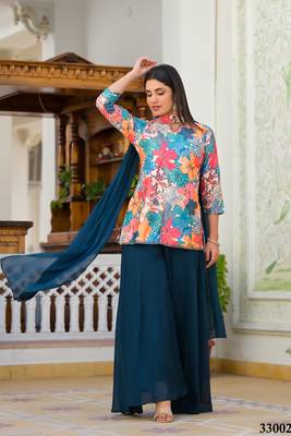 Sky blue colour ethnic floral printed heavy hand work stylish palazzo dress 1
