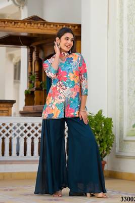 Sky blue colour ethnic floral printed heavy hand work stylish palazzo dress 2