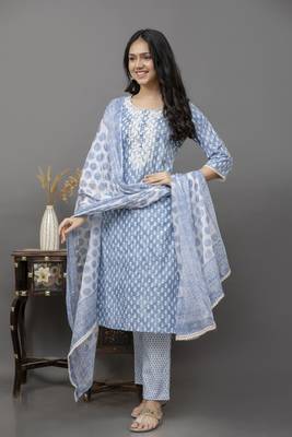 Blue colour cotton fabric casual suit with resham work 1