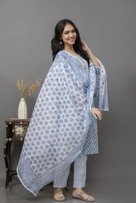 Blue colour cotton fabric casual suit with resham work 4