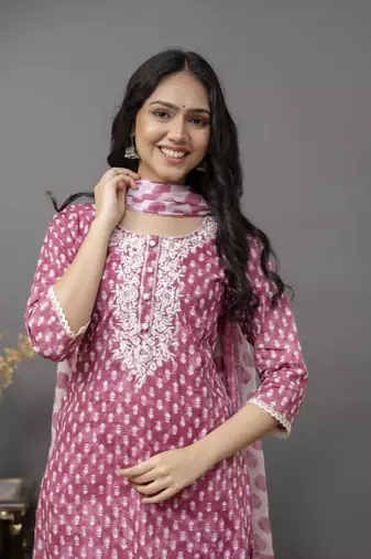 Maroon colour cotton fabric casual suit with resham work