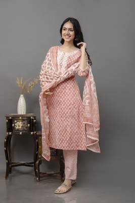 Peach colour cotton fabric casual suit with resham work 1