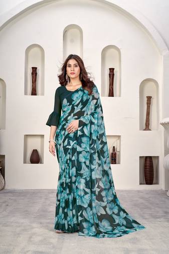 Teal Weightless c Casual Wear Floral Print Ethnic Saree