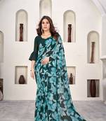 Teal Weightless c Casual Wear Floral Print Ethnic Saree