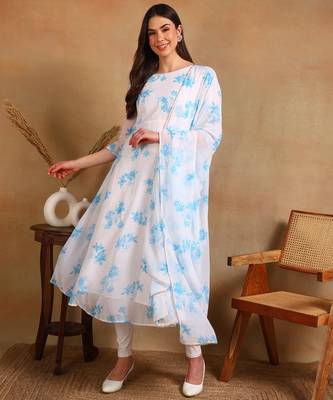 Blue flower print georgette anarkali kurti with dupatta set 1
