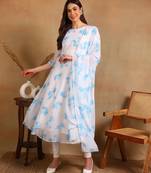 Blue flower print georgette anarkali kurti with dupatta set