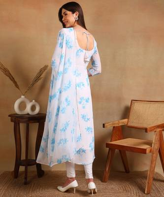 Blue flower print georgette anarkali kurti with dupatta set 2
