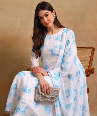 Blue flower print georgette anarkali kurti with dupatta set 3