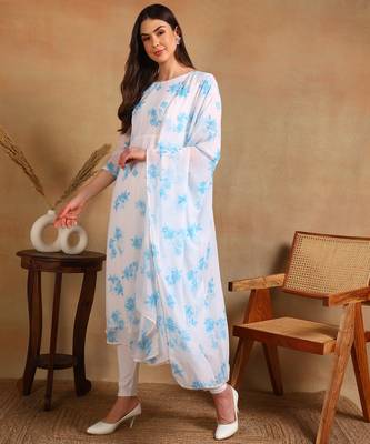 Blue flower print georgette anarkali kurti with dupatta set 4