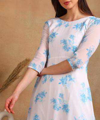 Blue flower print georgette anarkali kurti with dupatta set 5