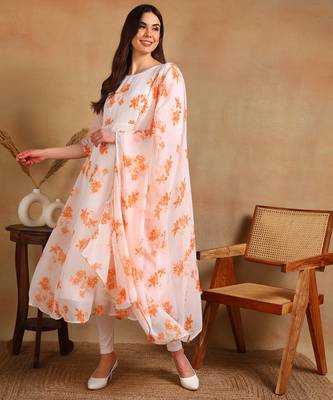 Orange flower print georgette anarkali kurti with dupatta set 1