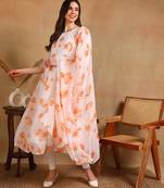 Orange flower print georgette anarkali kurti with dupatta set