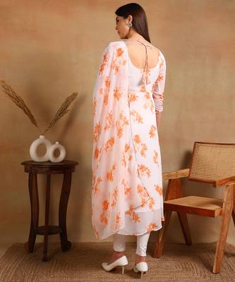 Orange flower print georgette anarkali kurti with dupatta set 2