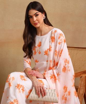 Orange flower print georgette anarkali kurti with dupatta set 3