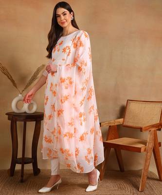Orange flower print georgette anarkali kurti with dupatta set 4