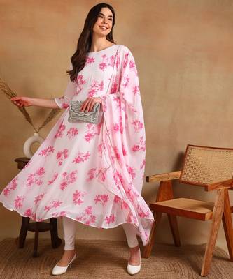 Pink flower print georgette anarkali kurti with dupatta set 1