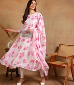 Pink flower print georgette anarkali kurti with dupatta set
