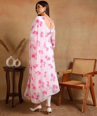 Pink flower print georgette anarkali kurti with dupatta set 2